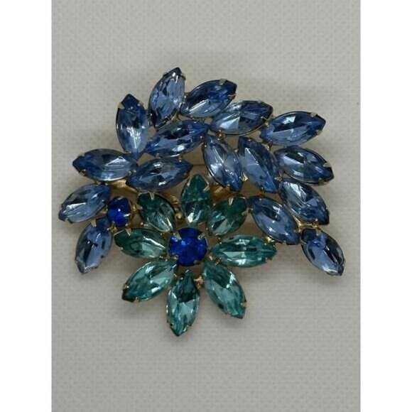 Vintage Rhinestone Floral Brooch With Blue & Teal Stones Set In Gold-Tone Metal - Picture 1 of 2